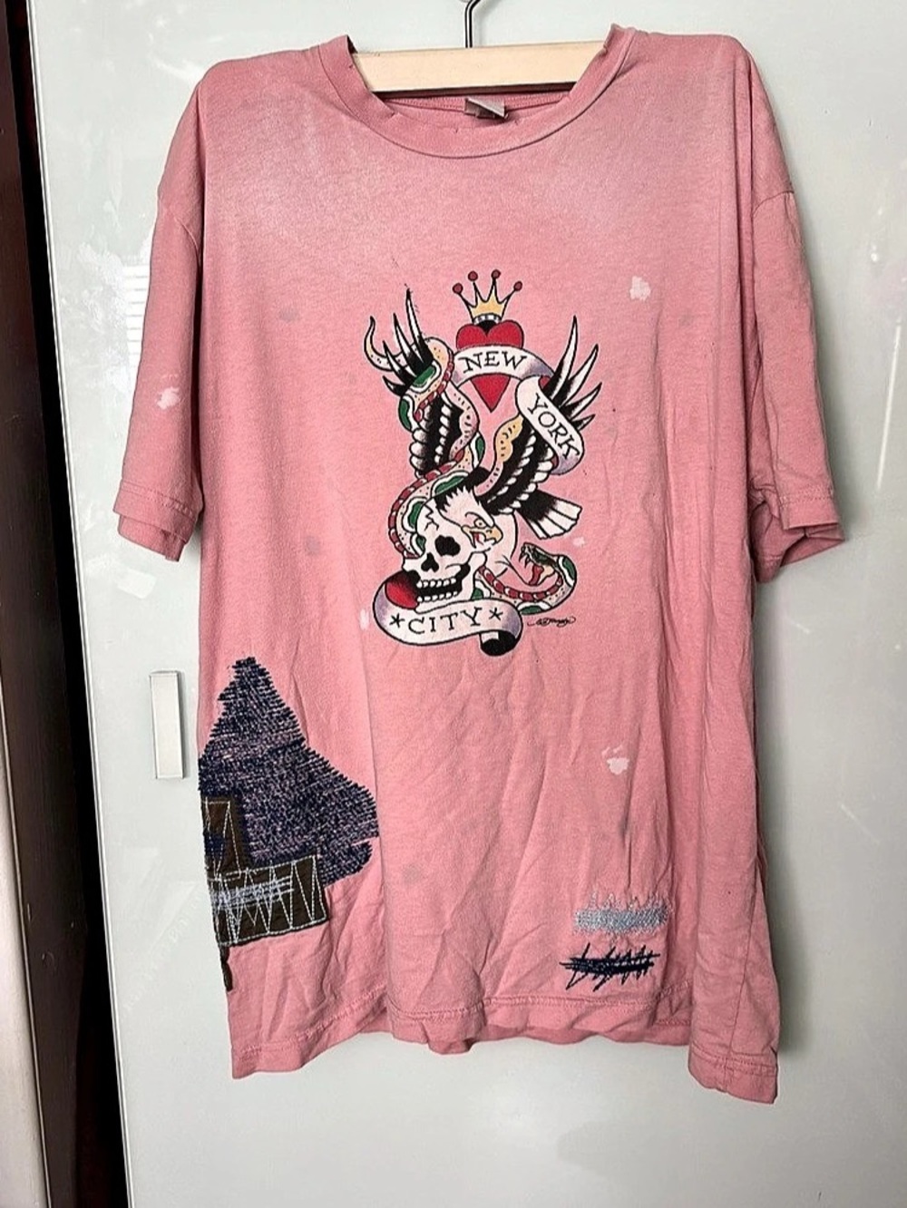 VINTAGE RARE Ed Hardy New York City Skull Graphic T-Shirt Pink